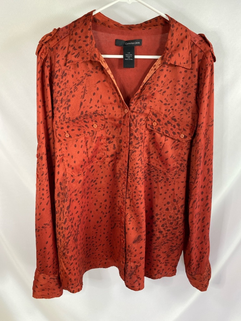 Calvin Klein Rust Red Abstract Print Roll Tab Sleeve Utility Blouse L Button Up